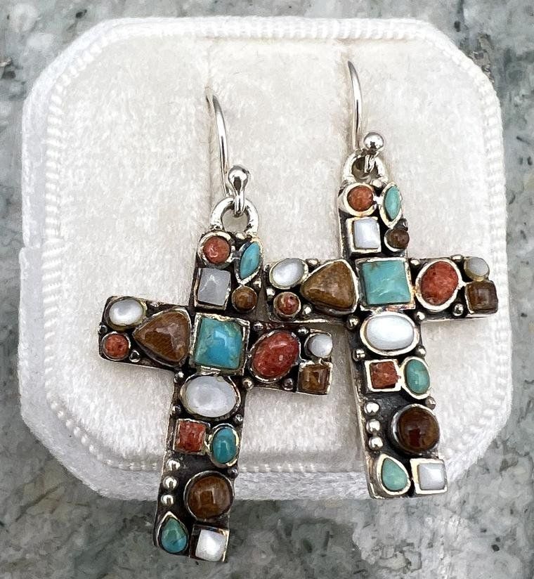 Sterling Silver Multi-Stone Inlay Cross Dangle Earrings Southwest