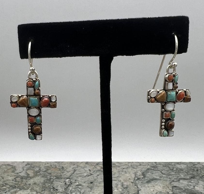 Sterling Silver Multi-Stone Inlay Cross Dangle Earrings Southwest 2
