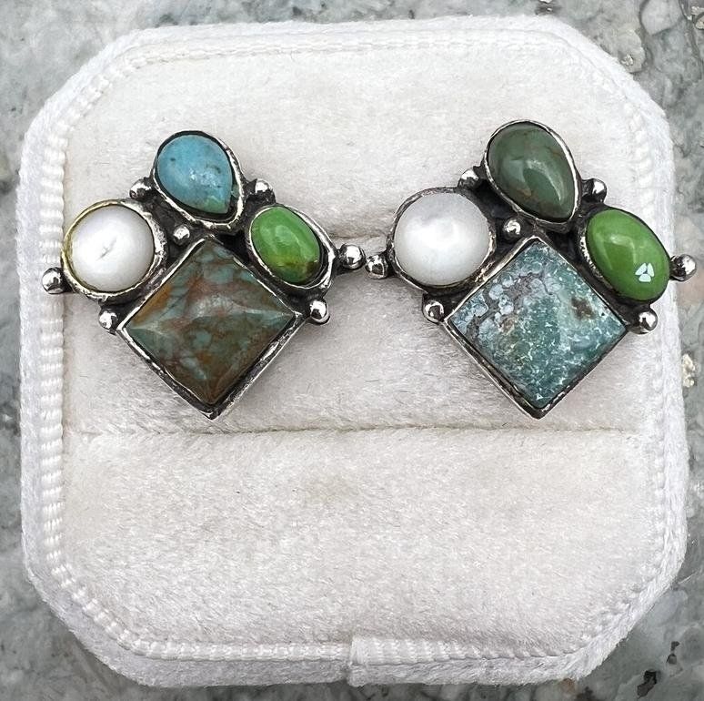 Sterling Silver Cluster Earrings Turquoise Multi-Stone