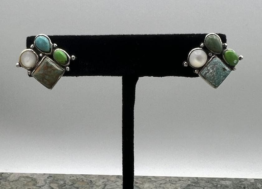 Sterling Silver Cluster Earrings Turquoise Multi-Stone 2
