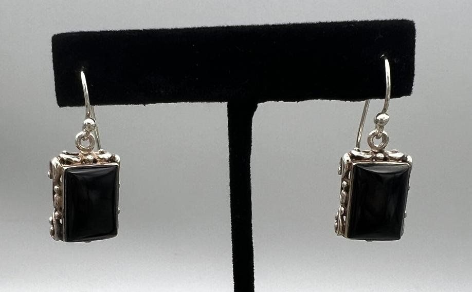 Sterling Silver Black Onyx Rectangular Drop Earrings 2