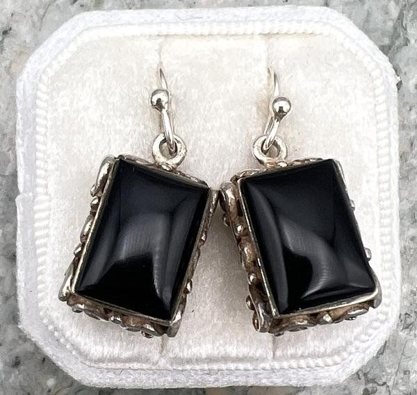 Sterling Silver Black Onyx Rectangular Drop Earrings