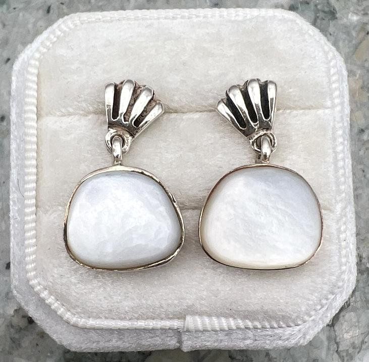 Sterling Silver Drop Earrings with White Stone Fan Top Design