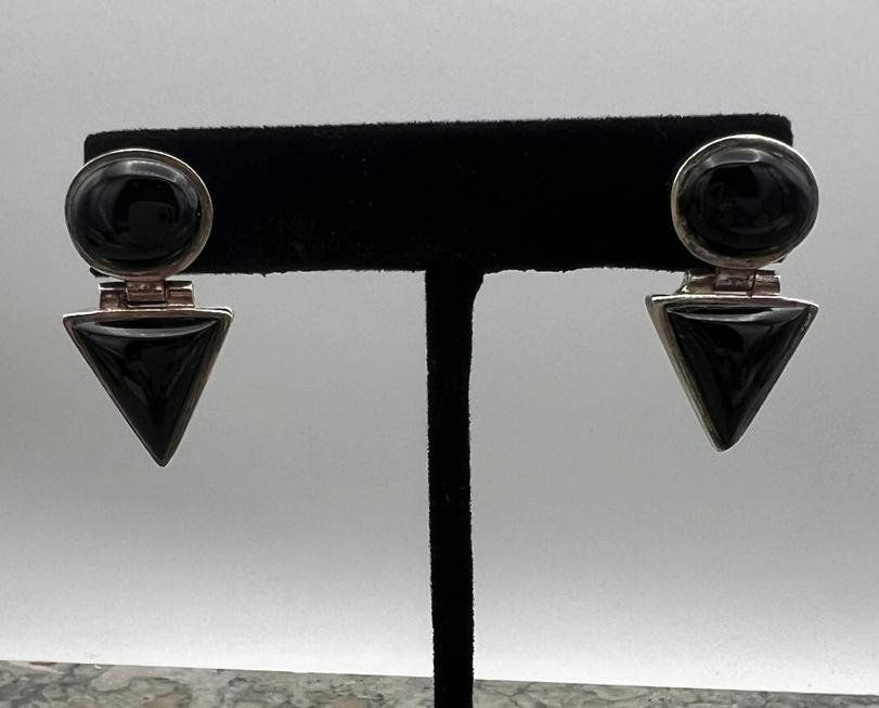 Sterling Silver Black Onyx Geometric Drop Earrings Vintage 2