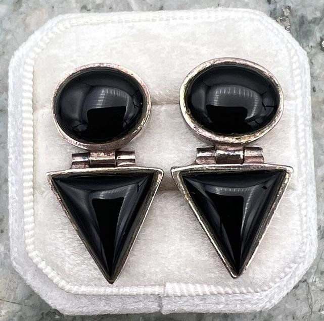 Sterling Silver Black Onyx Geometric Drop Earrings Vintage