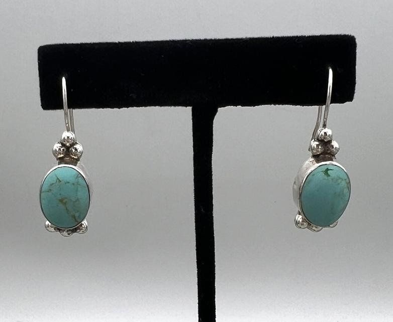 Sterling Silver Turquoise Oval Drop Earrings Southwestern Style 2