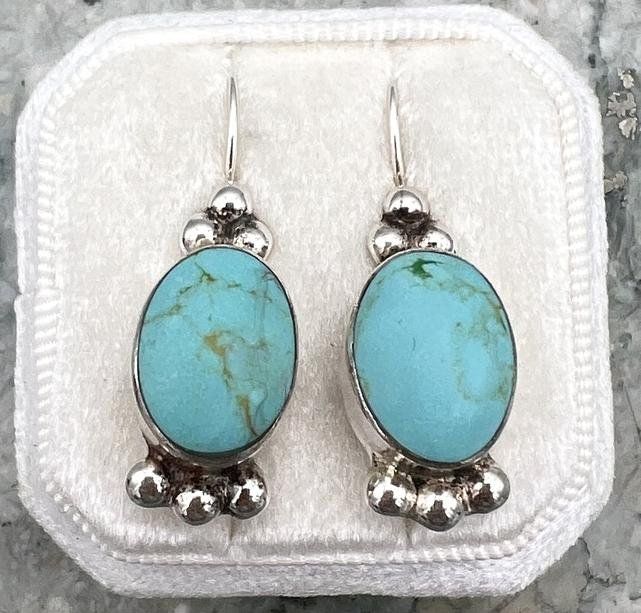 Sterling Silver Turquoise Oval Drop Earrings Southwestern Style