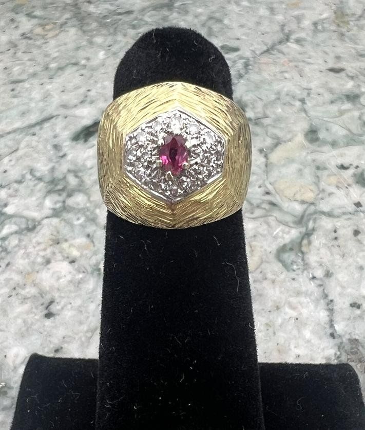 18k Vintage Gold Dome Ring with Red Stone and Diamond Halo Hexagonal 2