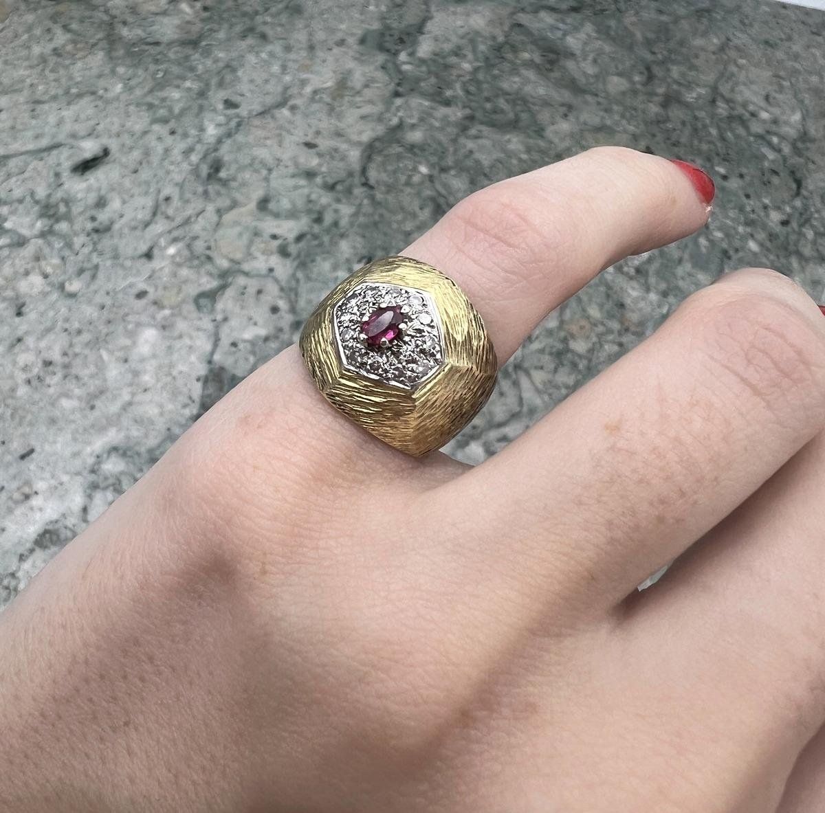 18k Vintage Gold Dome Ring with Red Stone and Diamond Halo Hexagonal 3