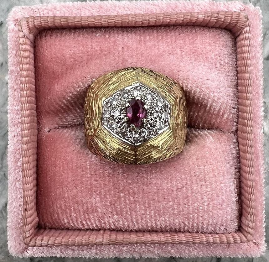 18k Vintage Gold Dome Ring with Red Stone and Diamond Halo Hexagonal