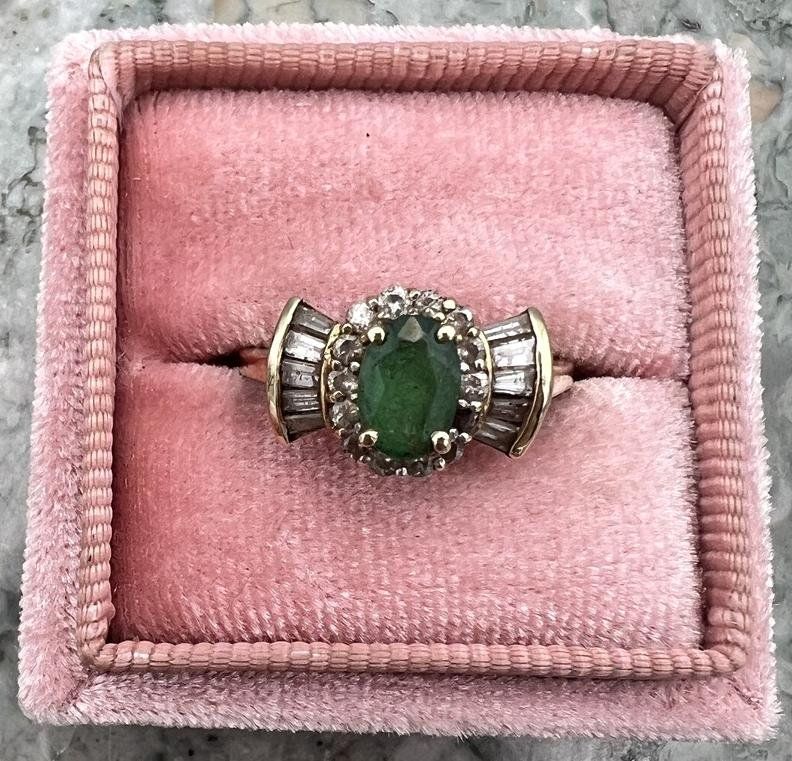 14K Gold Emerald & Diamond Cocktail Ring Baguette Halo Vintage