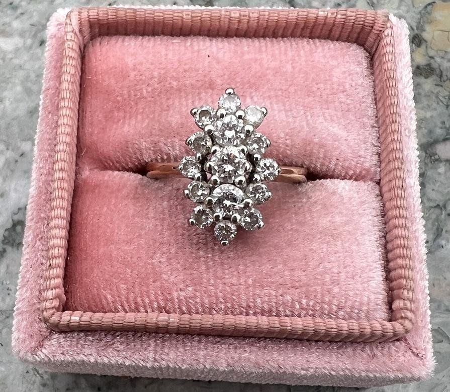 14k Vintage Diamond Cluster Cocktail Ring Gold Band Marquise Shape