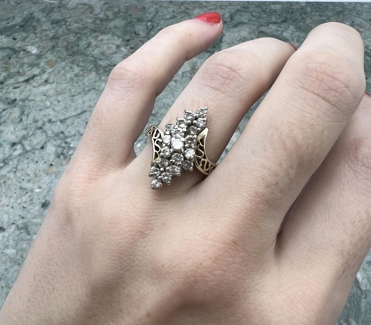 14k Vintage Gold Diamond Cluster Cocktail Ring Filigree Setting 3