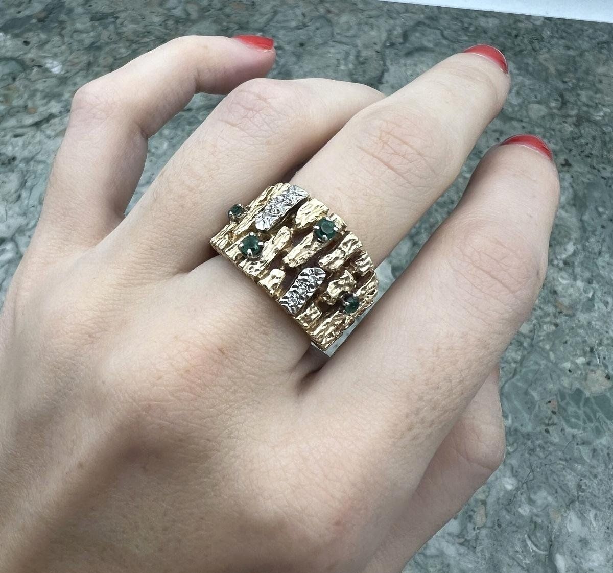 14K Gold Nugget Band Ring with Emeralds and Diamonds 3