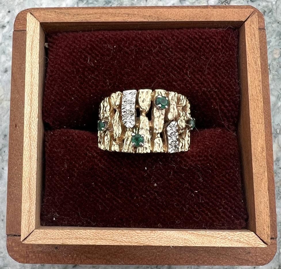 14K Gold Nugget Band Ring with Emeralds and Diamonds