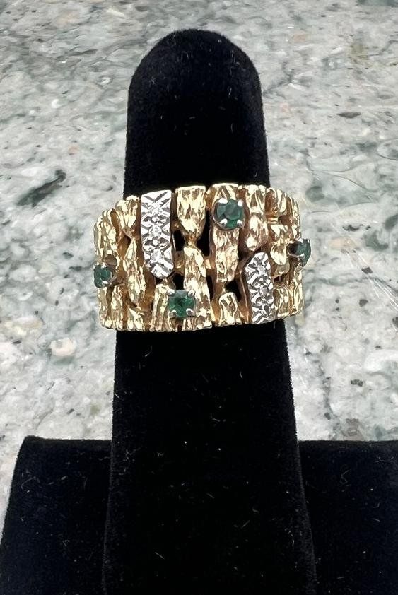 14K Gold Nugget Band Ring with Emeralds and Diamonds 2