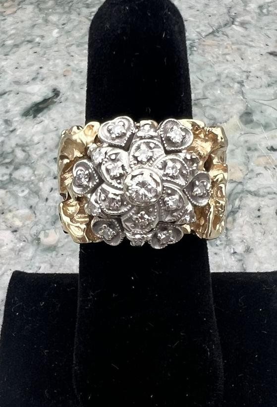 14k Vintage Two-Tone Gold Diamond Cluster Cocktail Ring Nugget Style 2