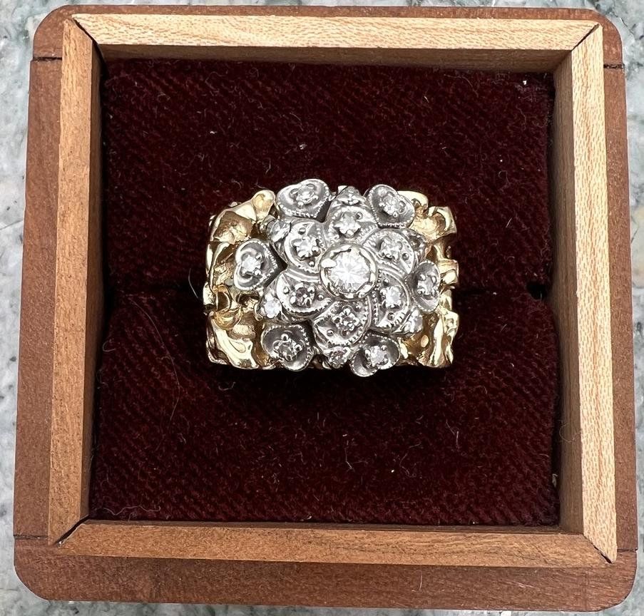 14k Vintage Two-Tone Gold Diamond Cluster Cocktail Ring Nugget Style