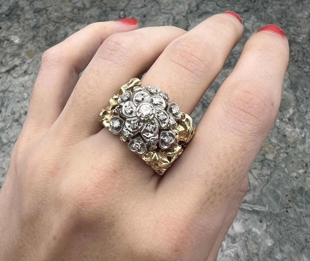 14k Vintage Two-Tone Gold Diamond Cluster Cocktail Ring Nugget Style 3