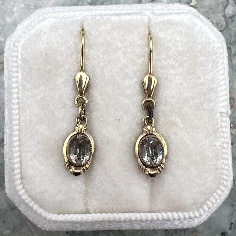 10k Vintage Gold Leverback Drop Earrings with Oval Clear Stones