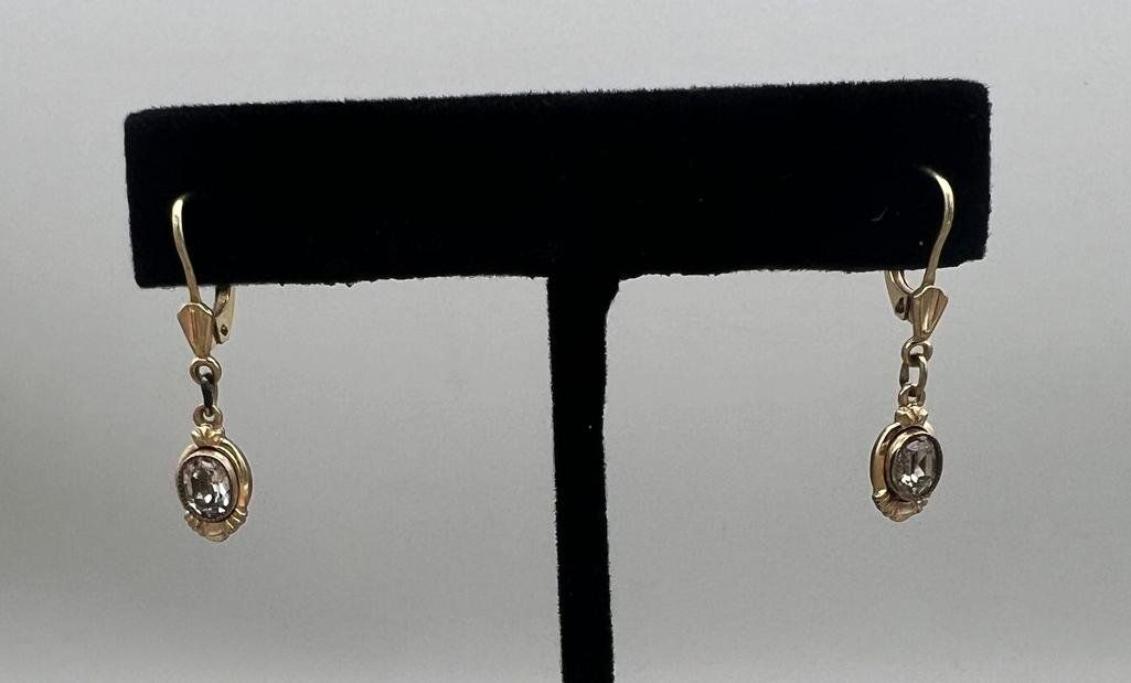 10k Vintage Gold Leverback Drop Earrings with Oval Clear Stones 2