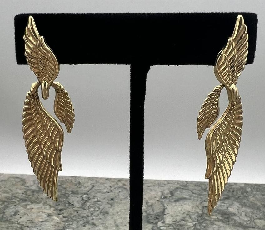 14k Gold Angel Wing Dangle Drop Earrings Statement Jewelry 2