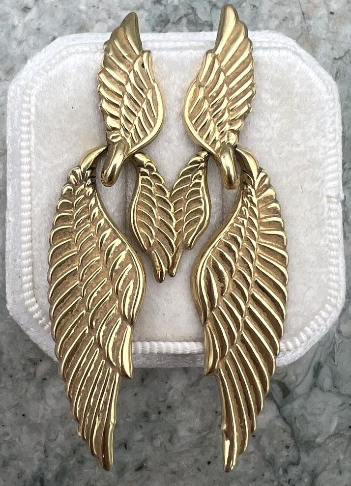14k Gold Angel Wing Dangle Drop Earrings Statement Jewelry