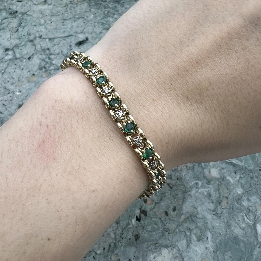 14K Gold Emerald & Diamond Tennis Bracelet Link Style 2