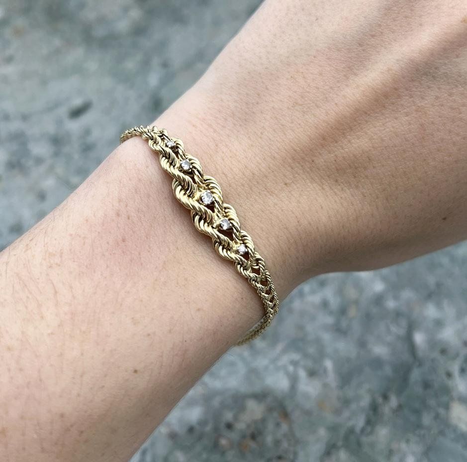14k Gold Rope Chain Bracelet with Clear Stone Accents 2