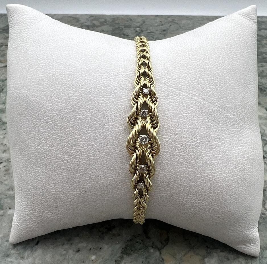 14k Gold Rope Chain Bracelet with Clear Stone Accents