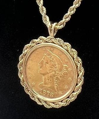1878-S $5 Liberty Gold Coin Pendant on 14K Gold Rope Chain 4
