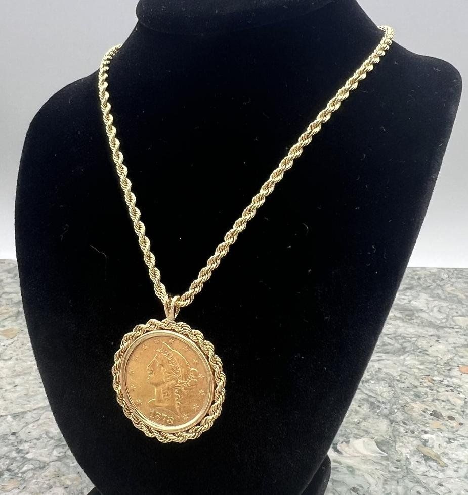 1878-S $5 Liberty Gold Coin Pendant on 14K Gold Rope Chain 3