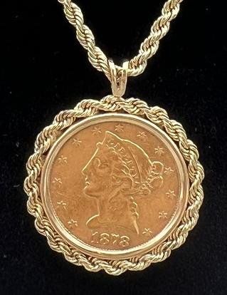 1878-S $5 Liberty Gold Coin Pendant on 14K Gold Rope Chain 2