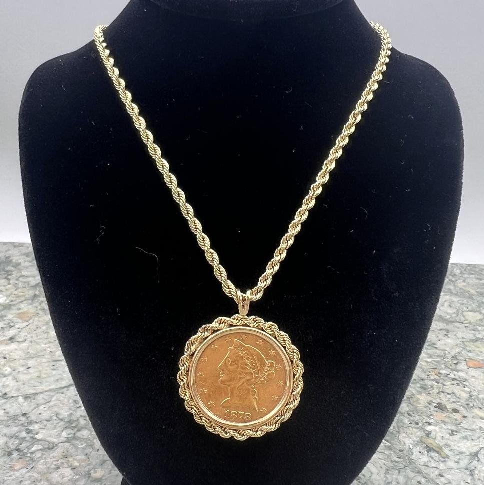 1878-S $5 Liberty Gold Coin Pendant on 14K Gold Rope Chain