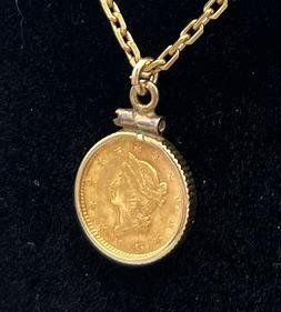 1853 Type 1 $1 Gold Coin Pendant on 14K Gold Chain Necklace 4