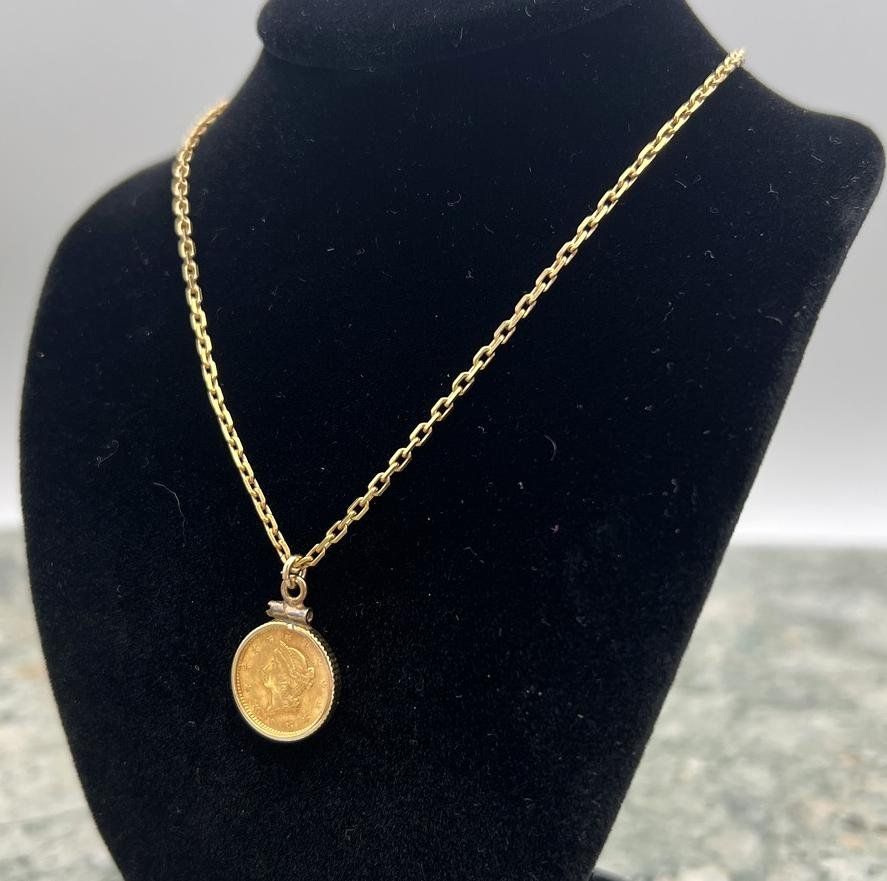 1853 Type 1 $1 Gold Coin Pendant on 14K Gold Chain Necklace 3