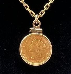 1853 Type 1 $1 Gold Coin Pendant on 14K Gold Chain Necklace 2