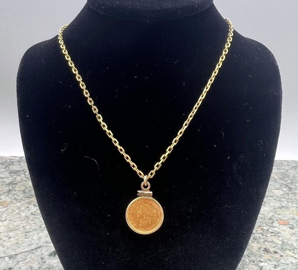 1853 Type 1 $1 Gold Coin Pendant on 14K Gold Chain Necklace