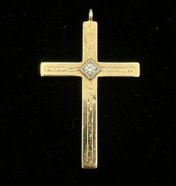 10k Gold Cross Pendant with Diamond Center, Engraved, Vintage