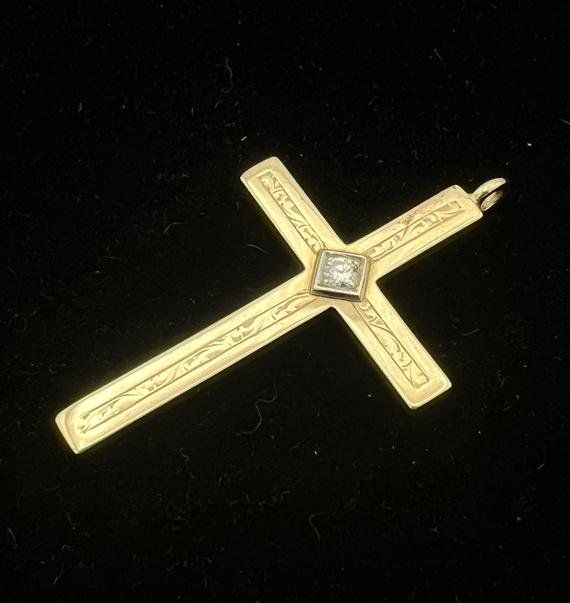 10k Gold Cross Pendant with Diamond Center, Engraved, Vintage 2