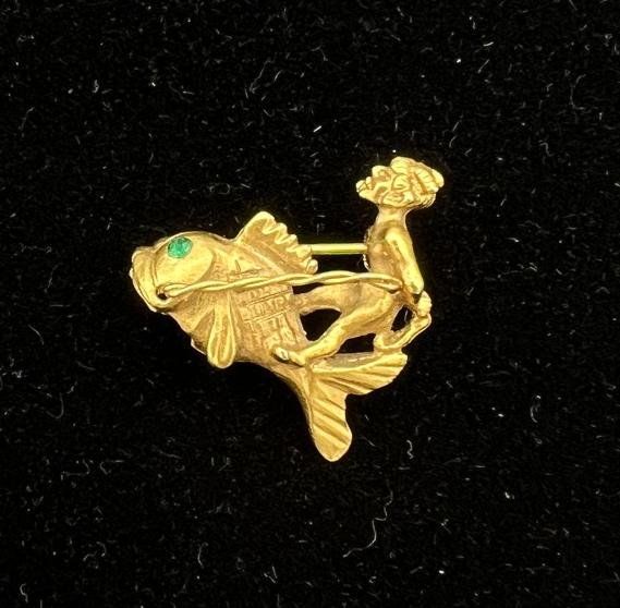Gold-Tone Figural Man Riding Fish Brooch Pin Green Stone Eye 2