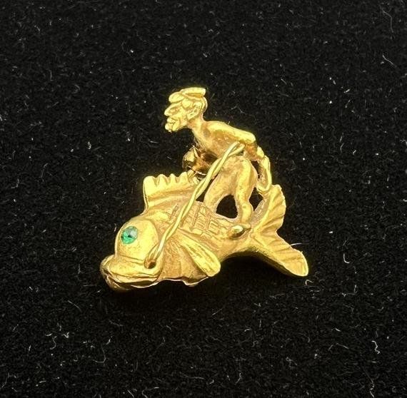 Gold-Tone Figural Man Riding Fish Brooch Pin Green Stone Eye
