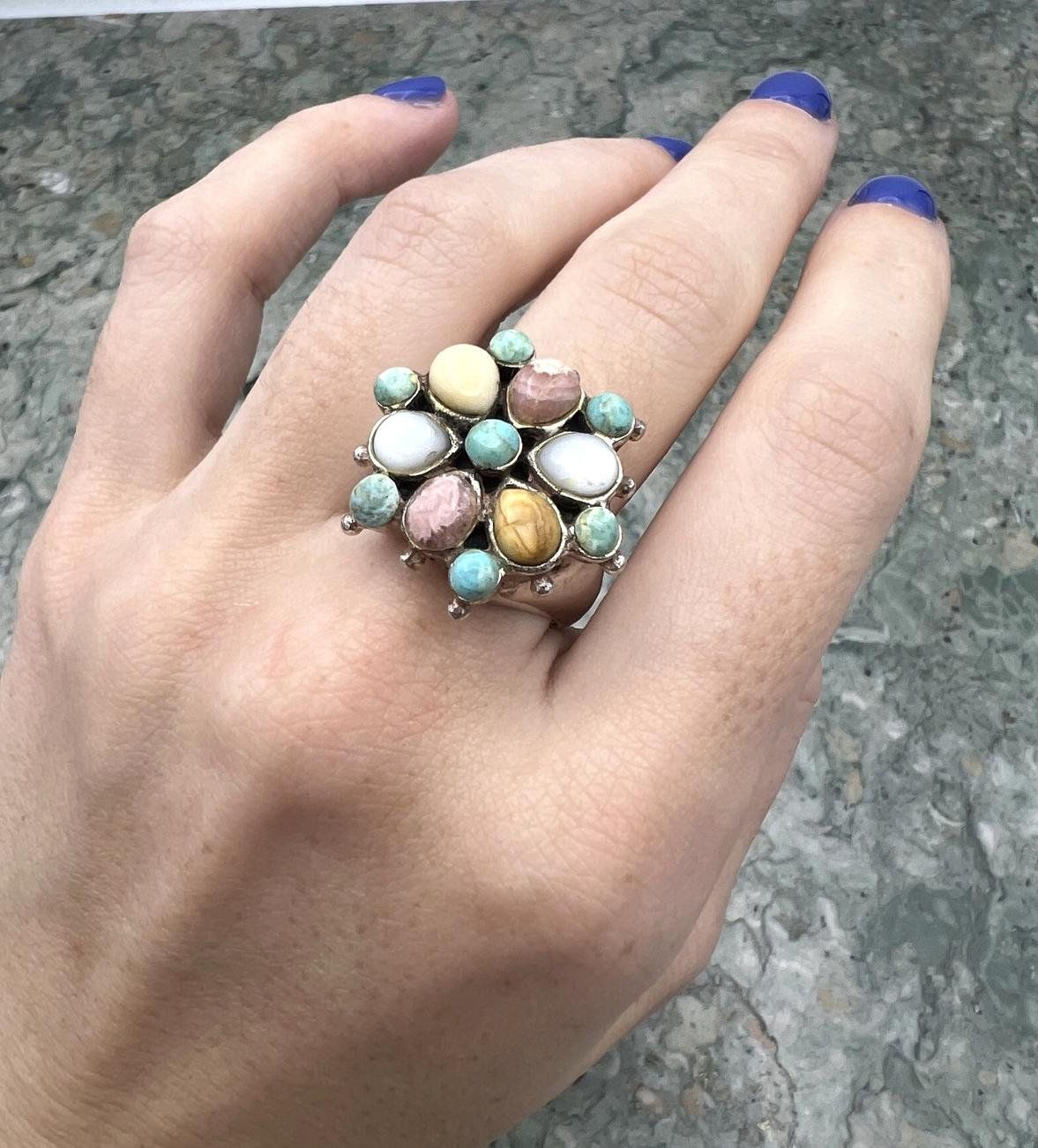 Sterling Silver Multi-Stone Cluster Ring Southwestern Style. sz 7.75 3