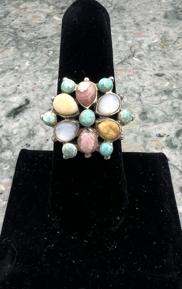 Sterling Silver Multi-Stone Cluster Ring Southwestern Style. sz 7.75 2