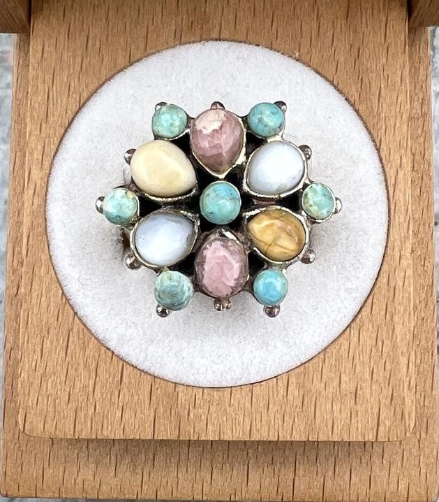 Sterling Silver Multi-Stone Cluster Ring Southwestern Style. sz 7.75