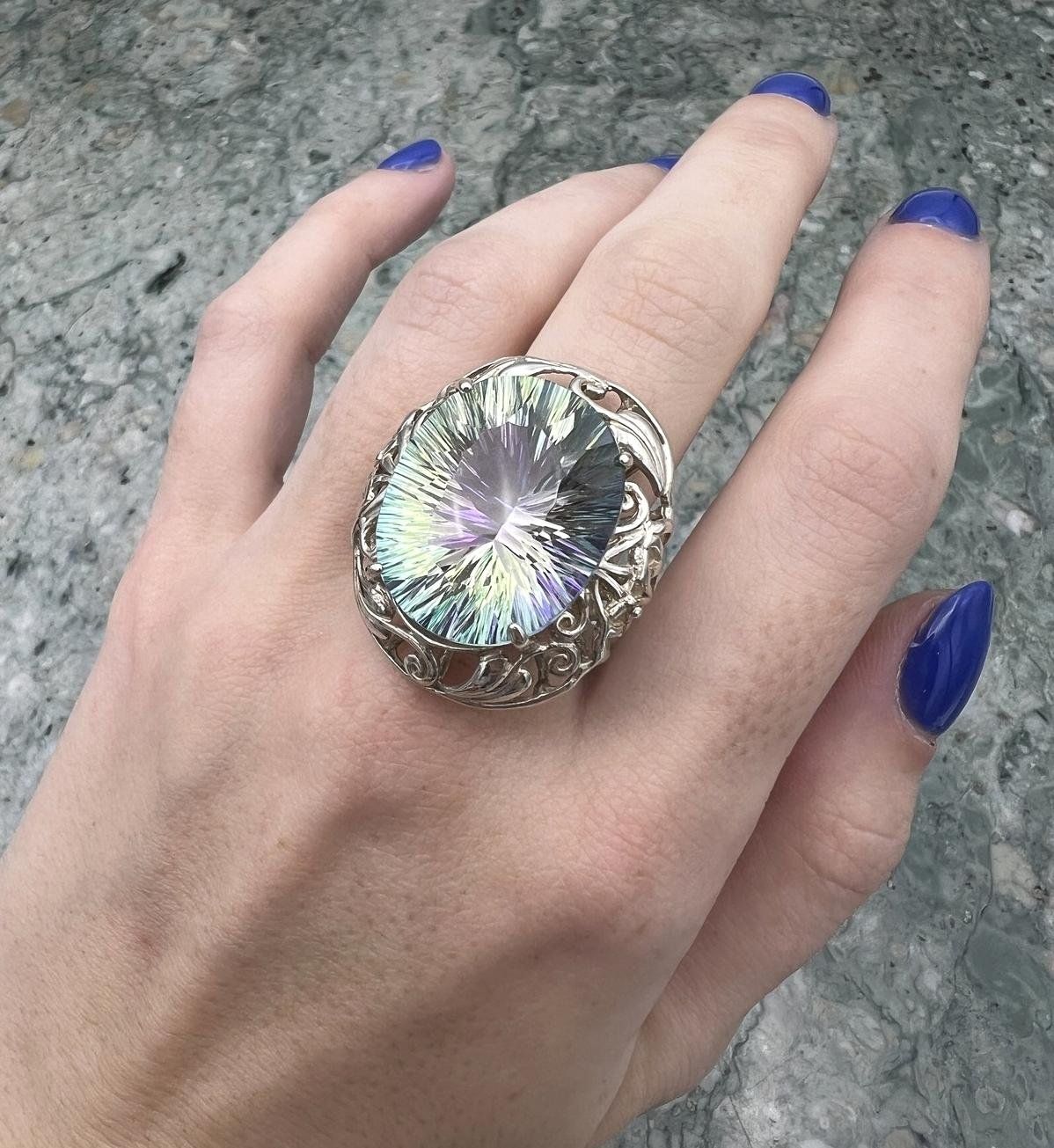 Sterling Silver Mystic Topaz Cocktail Ring Filigree Setting. sz 6 3