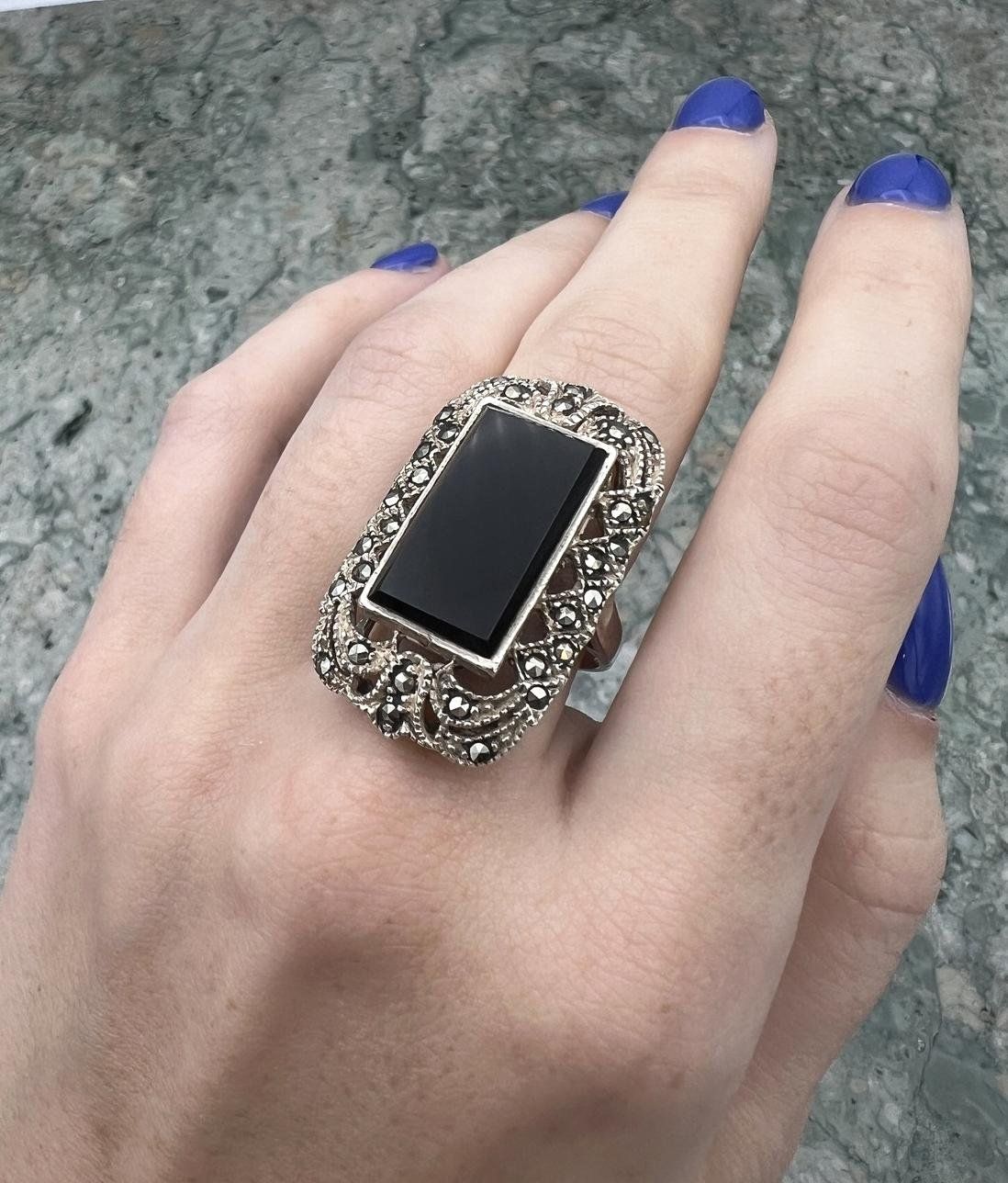 Sterling Silver Marcasite & Black Onyx Brooch Pin Vintage Art Deco. sz 5 3