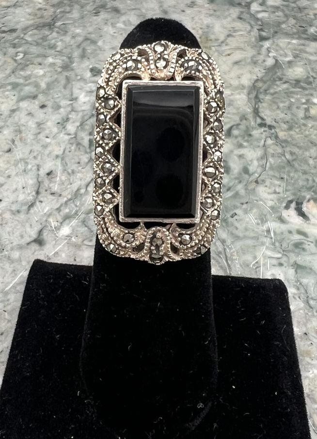 Sterling Silver Marcasite & Black Onyx Brooch Pin Vintage Art Deco. sz 5 2