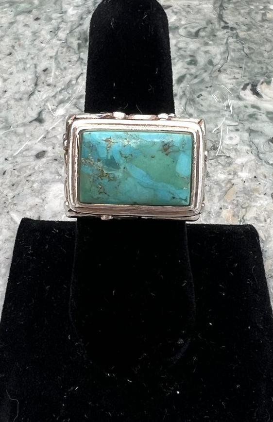 Sterling Silver Turquoise Rectangle Cabochon Ring Southwest Style. sz 7.5 2