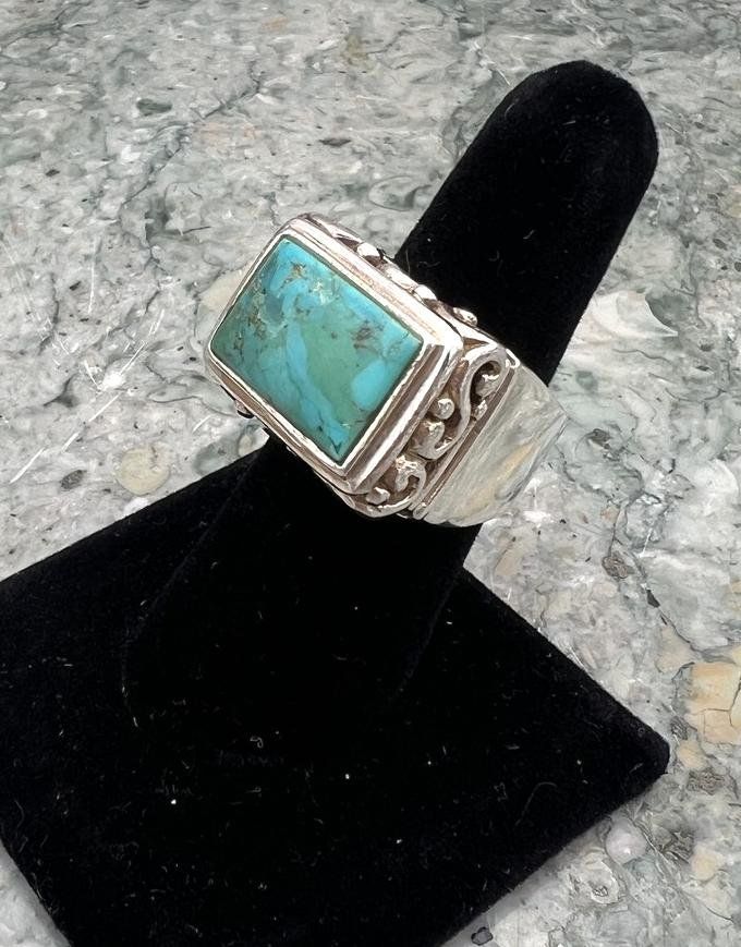 Sterling Silver Turquoise Rectangle Cabochon Ring Southwest Style. sz 7.5 3